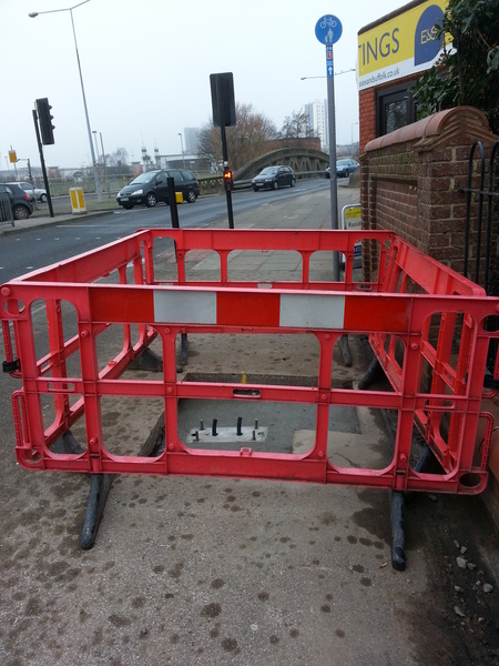 The photo for New obstruction being built in shared footway just south of Stoke Bridge.